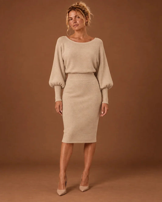 Florence - Women’s elegant knitted midi jumper dress with balloon sleeves