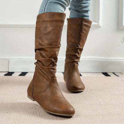 Florence - Women’s flat slouch knee high boots with side zip and ruched shaft