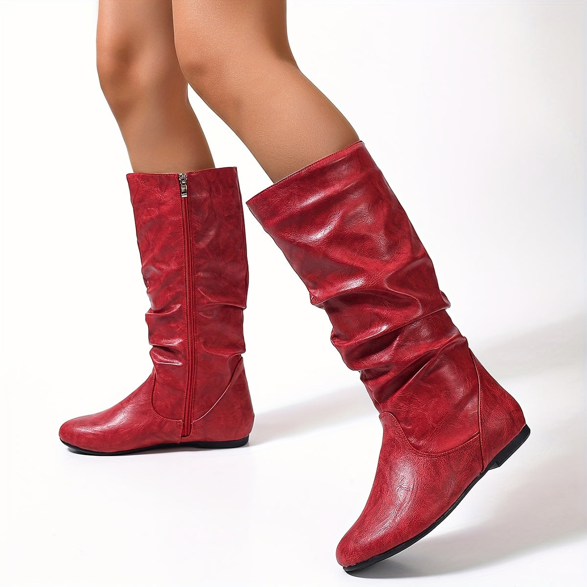 Florence - Women’s flat slouch knee high boots with side zip and ruched shaft