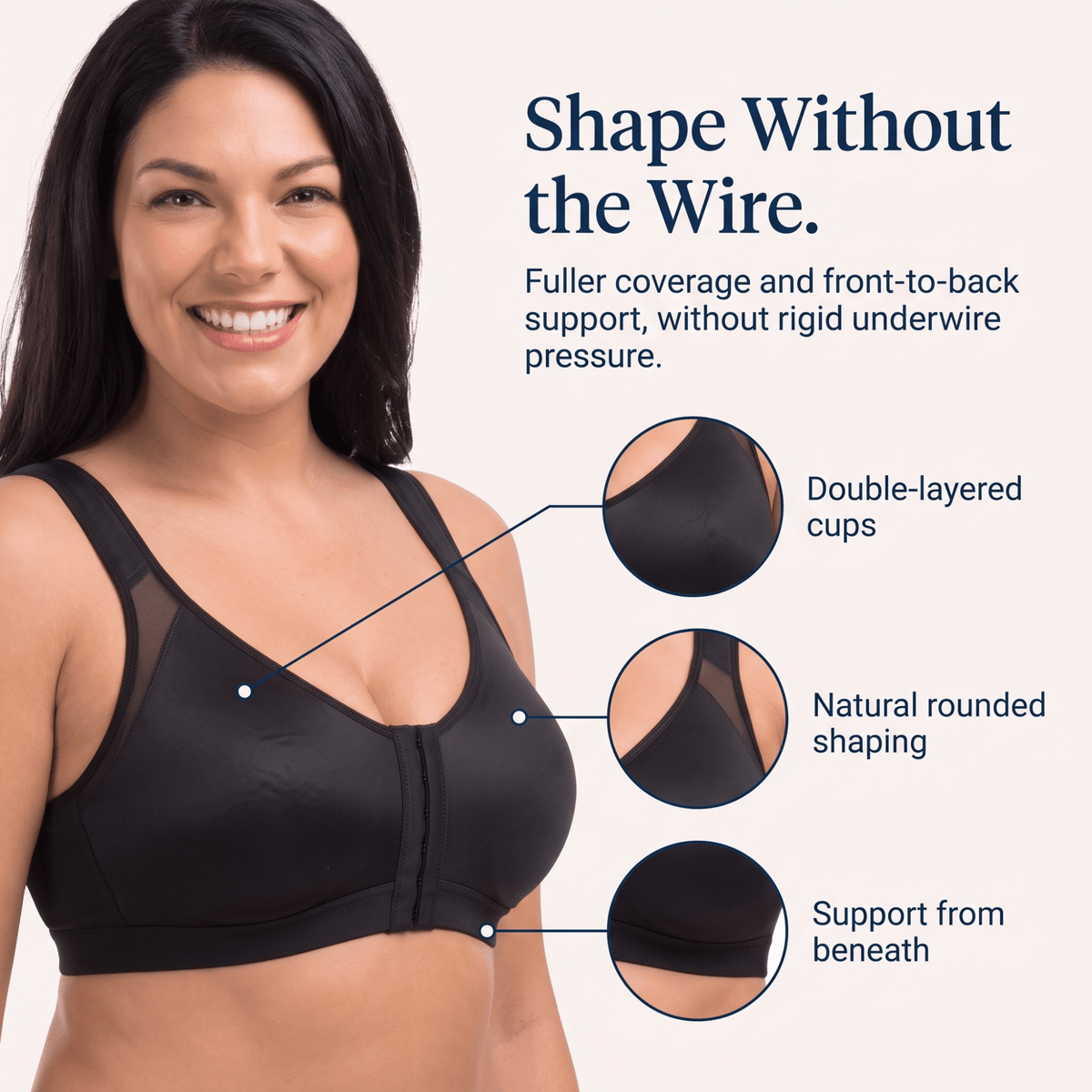 Florence - Women’s front fastening support bra with shaping cups and wide straps