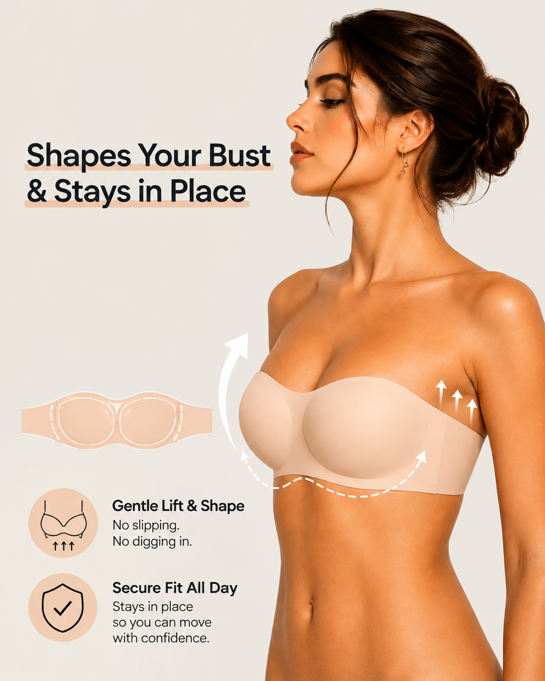 Florence - Women's strapless comfort bra with moulded cups and sweetheart neck