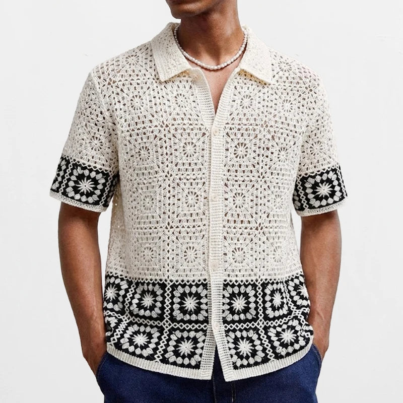 Freddie - Boho Men's Summer Shirt with Crochet Detail and Short Sleeves