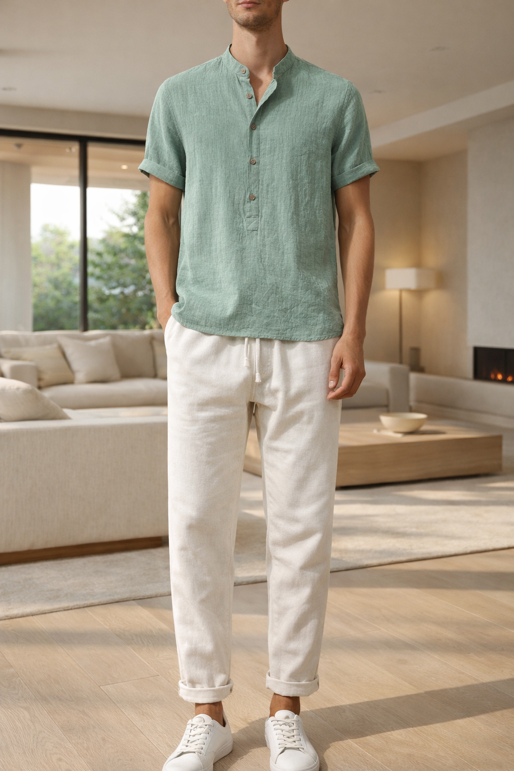 Freddie - Casual Men's Linen Set with Band Collar Shirt and Drawstring Trousers