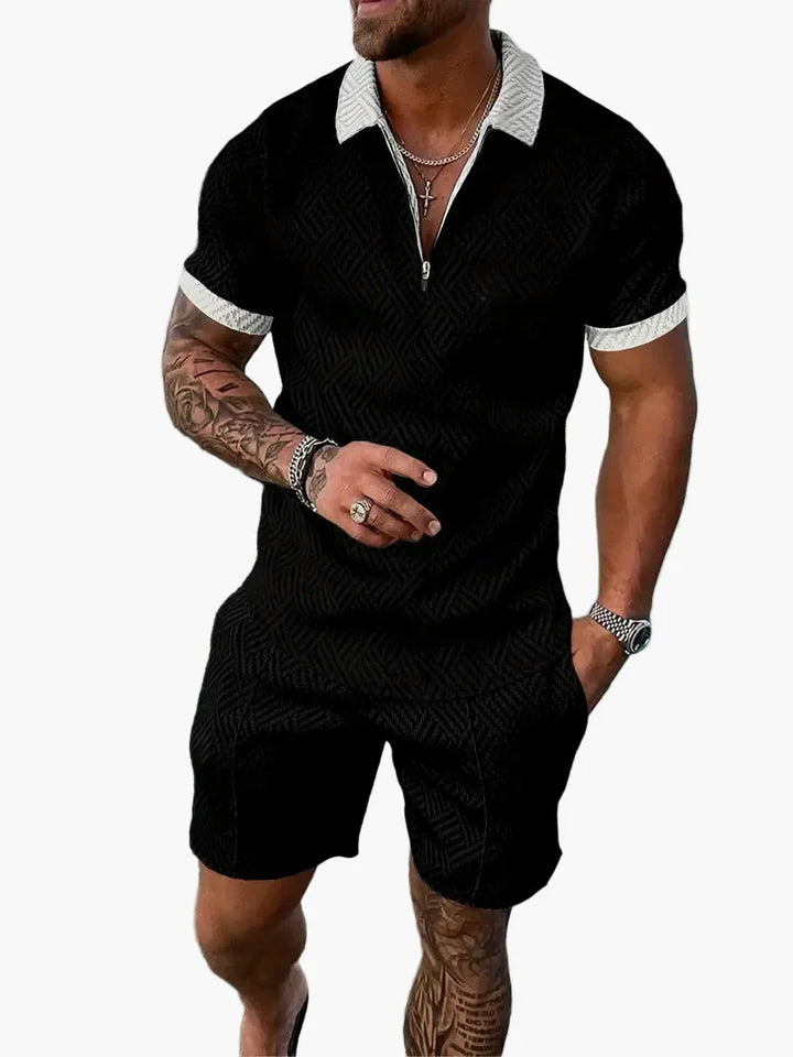 Freddie - Casual Men's Summer Co-ord Set with Zip Collar and Textured Print