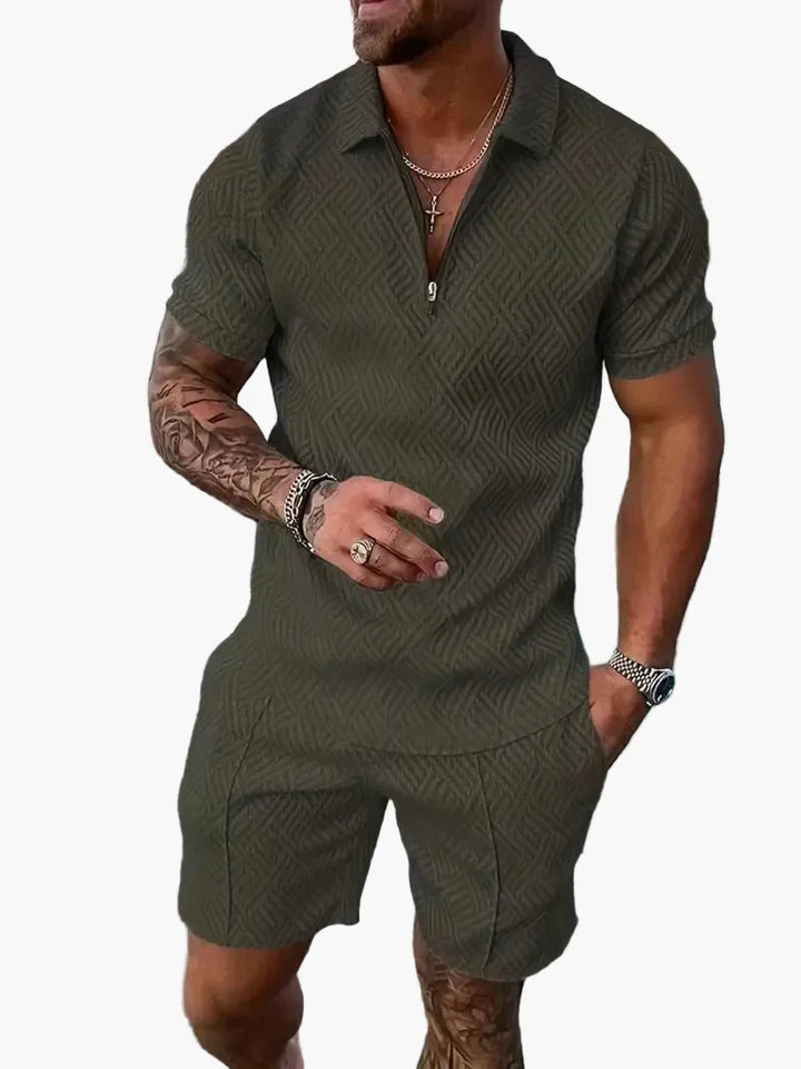 Freddie - Casual Men's Summer Co-ord Set with Zip Collar and Textured Print