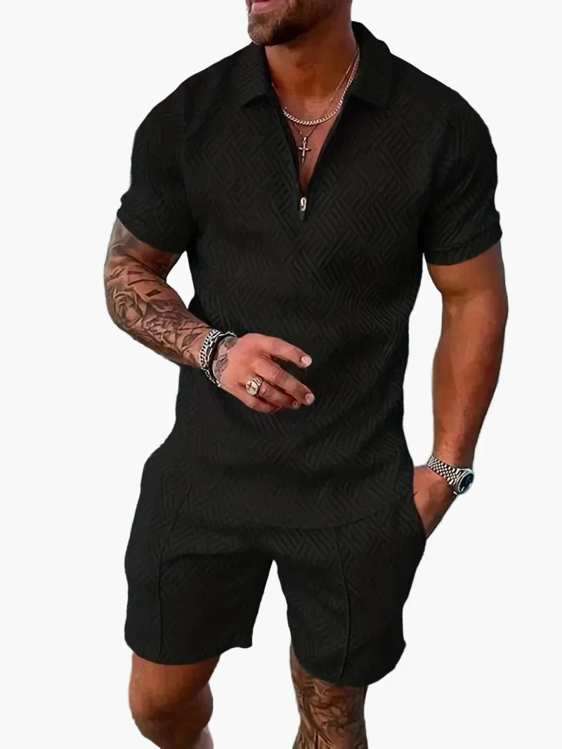 Freddie - Casual Men's Summer Co-ord Set with Zip Collar and Textured Print
