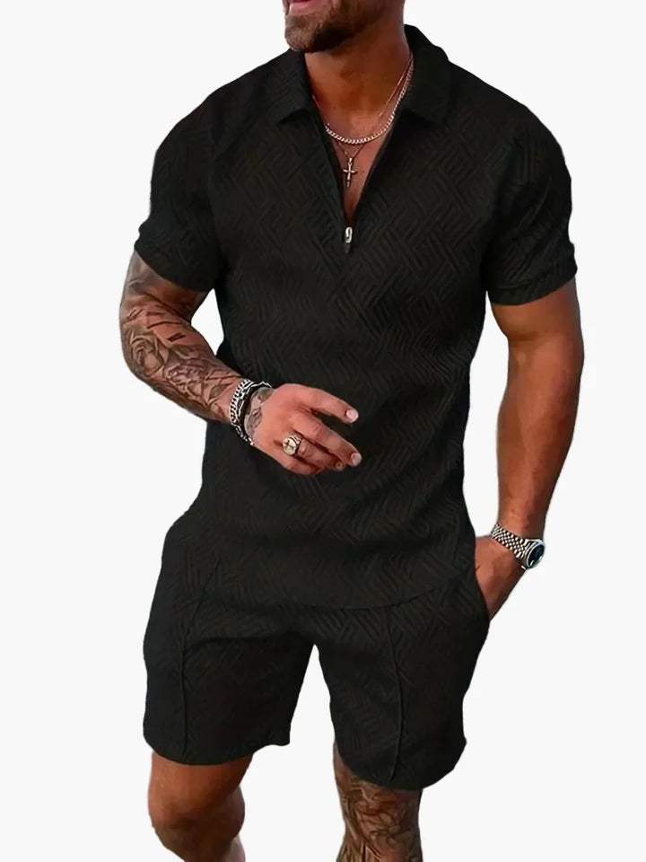 Freddie - Casual Men's Summer Co-ord Set with Zip Collar and Textured Print