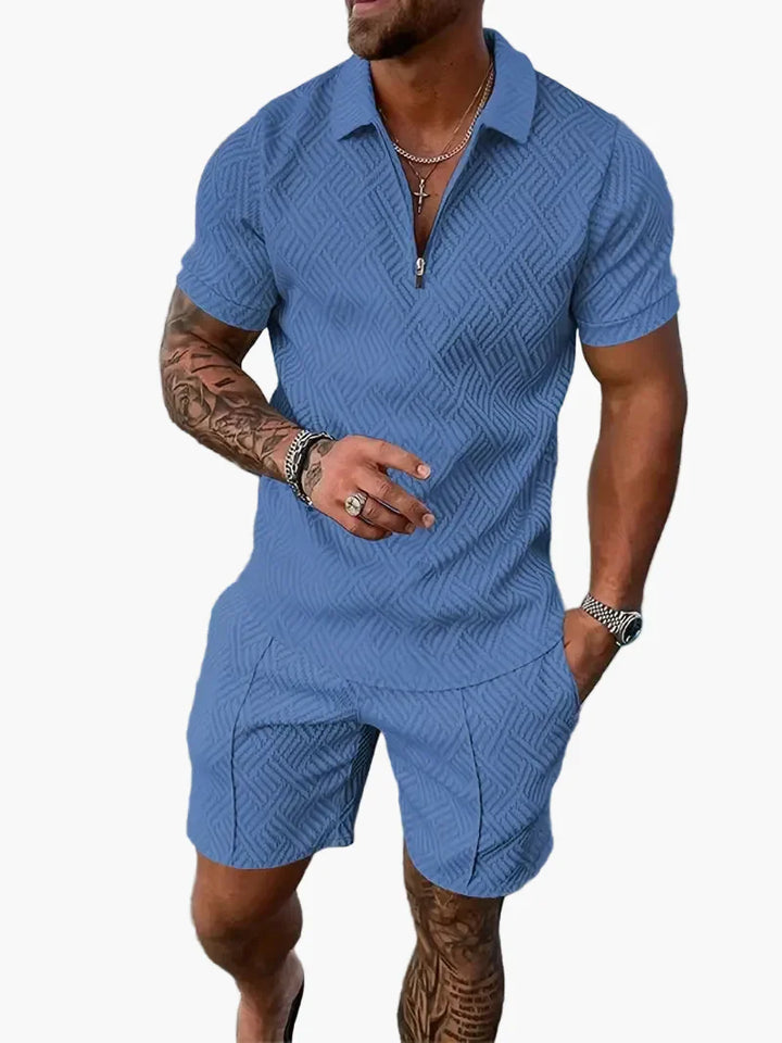 Freddie - Casual Men's Summer Co-ord Set with Zip Collar and Textured Print