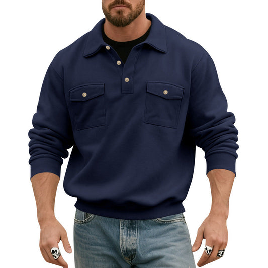 Freddie - Men's casual polo jumper with long sleeve and button placket