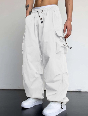 Freddie - Men's wide leg cargo trousers with elastic waist and toggle hems