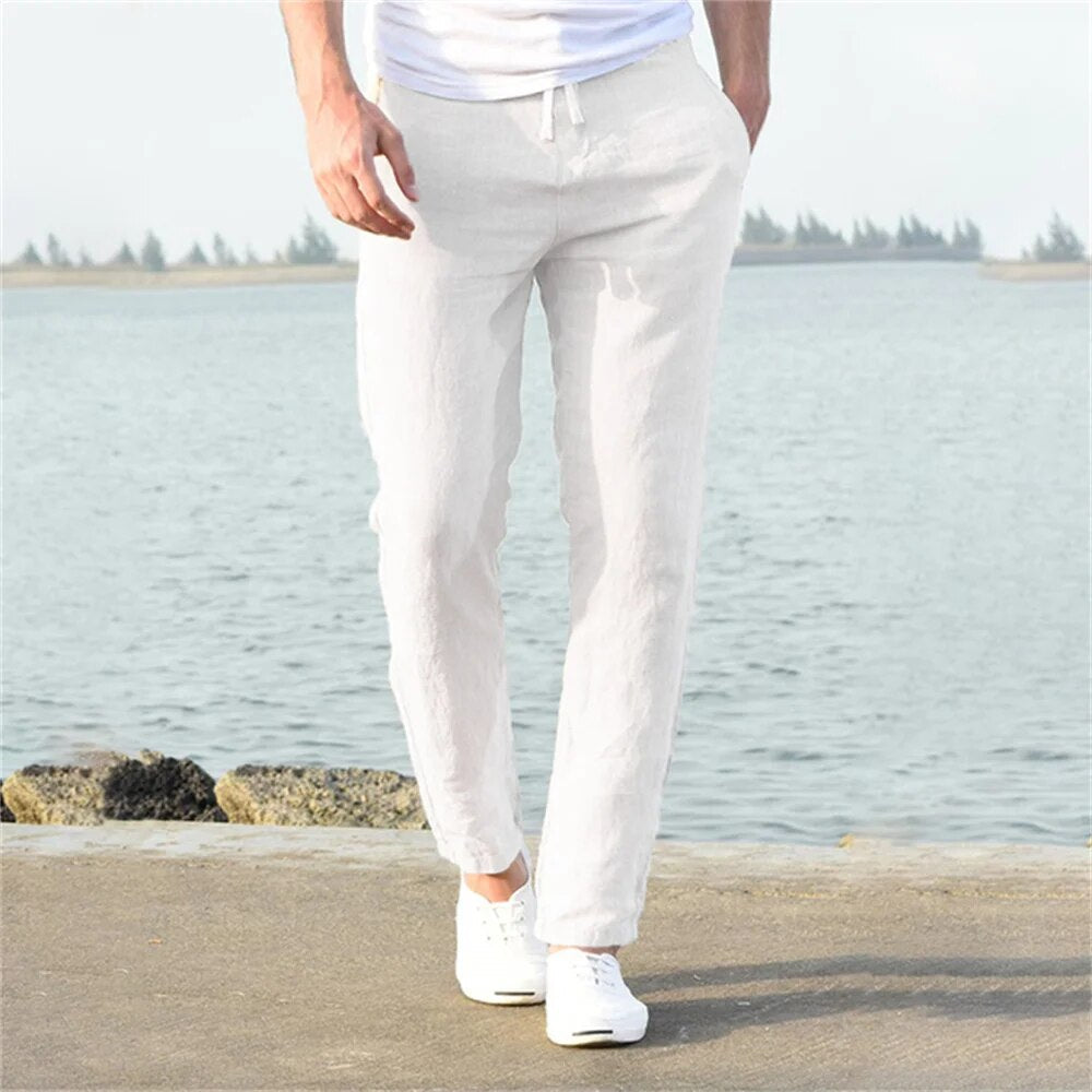 Freddie - Smart Men's Linen Trousers with Drawstring Waist and Straight Leg Fit