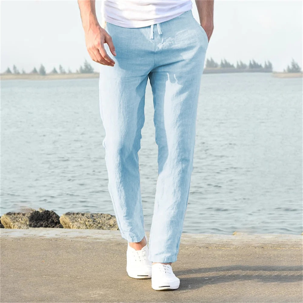 Freddie - Smart Men's Linen Trousers with Drawstring Waist and Straight Leg Fit