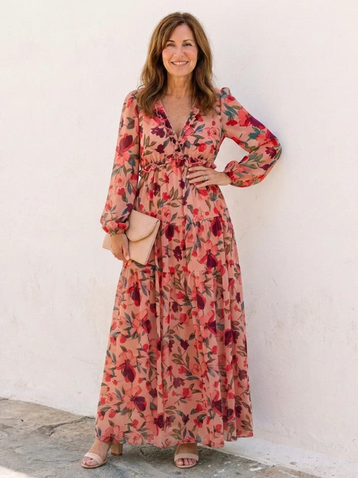 Freya - Boho Plus Size Maxi Dress for Women with Tiered Skirt and Long Sleeves