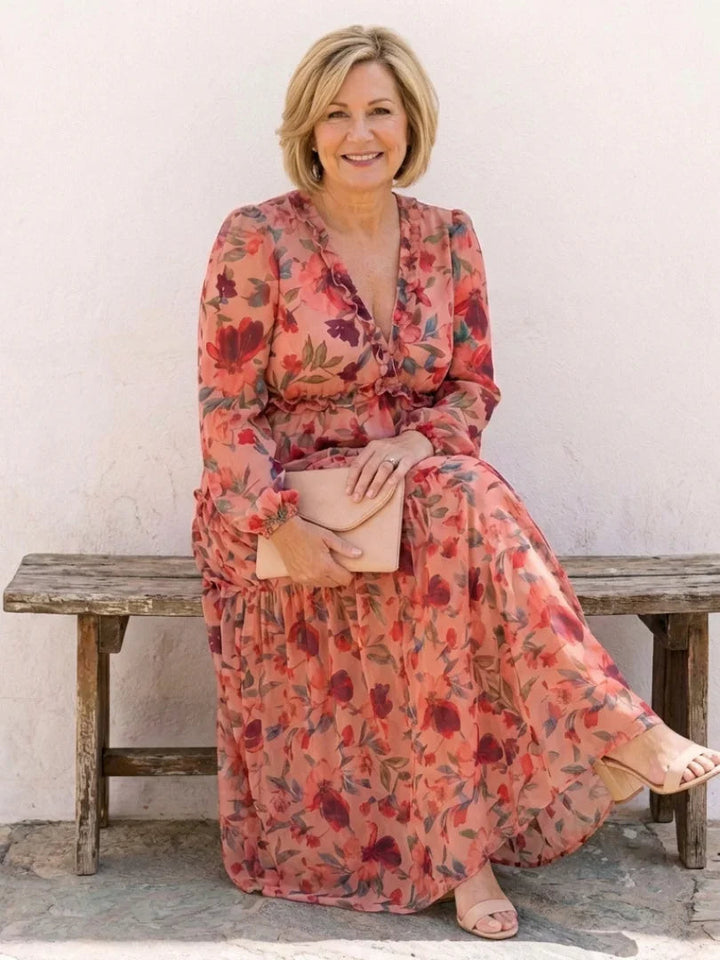 Freya - Boho Plus Size Maxi Dress for Women with Tiered Skirt and Long Sleeves