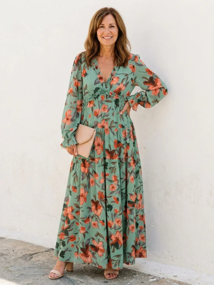 Freya - Boho Plus Size Maxi Dress for Women with Tiered Skirt and Long Sleeves