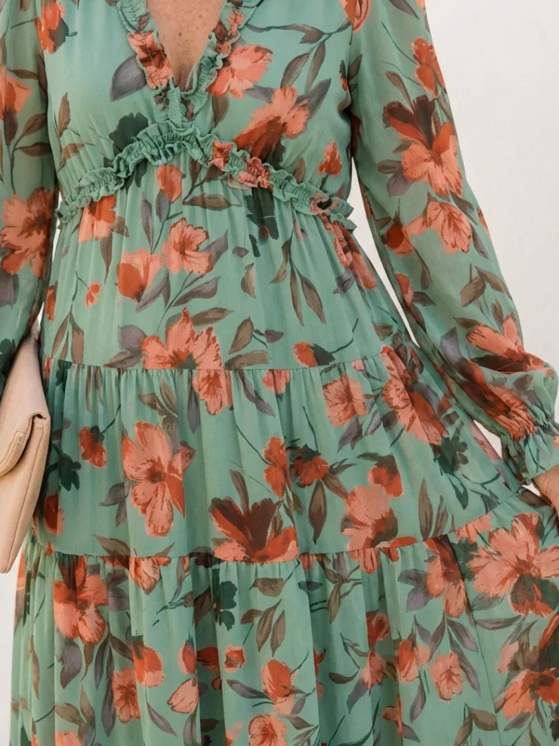 Freya - Boho Plus Size Maxi Dress for Women with Tiered Skirt and Long Sleeves