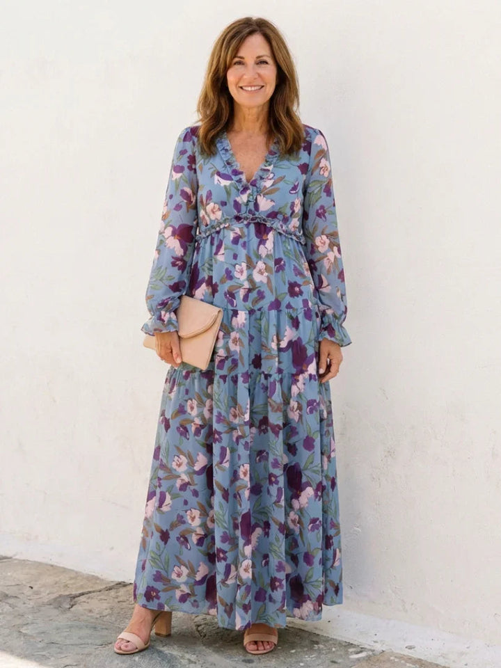 Freya - Boho Plus Size Maxi Dress for Women with Tiered Skirt and Long Sleeves