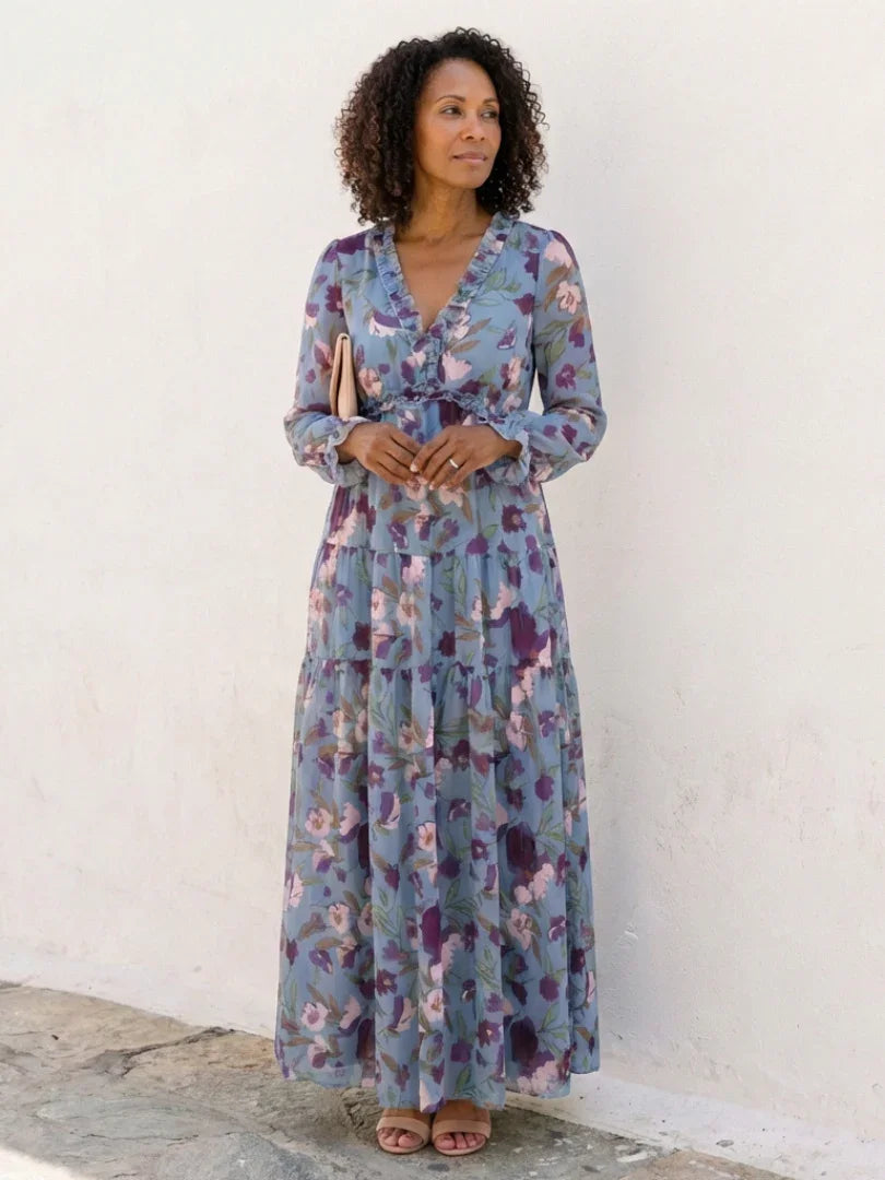 Freya - Boho Plus Size Maxi Dress for Women with Tiered Skirt and Long Sleeves