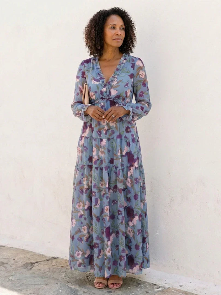 Freya - Boho Plus Size Maxi Dress for Women with Tiered Skirt and Long Sleeves