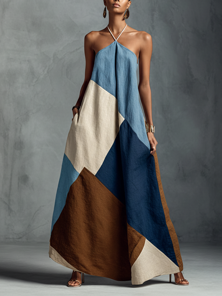 Freya - Boho Women's Linen Dress with Halter Neckline and Patchwork Design