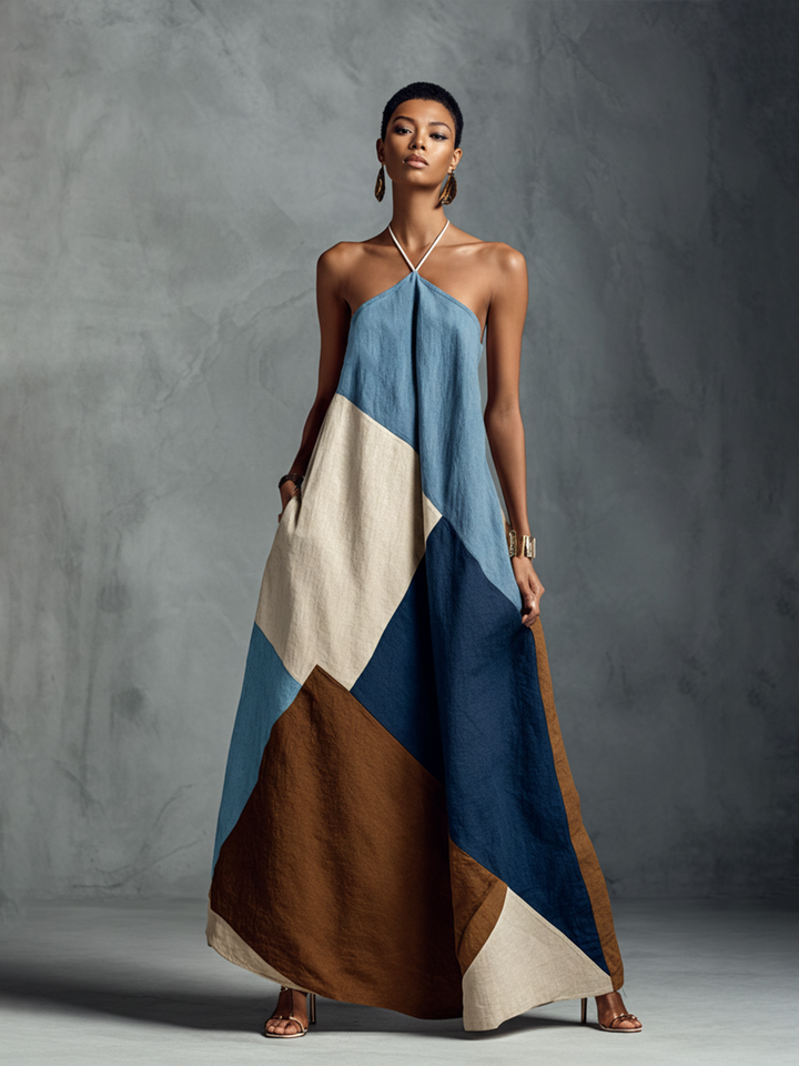 Freya - Boho Women's Linen Dress with Halter Neckline and Patchwork Design