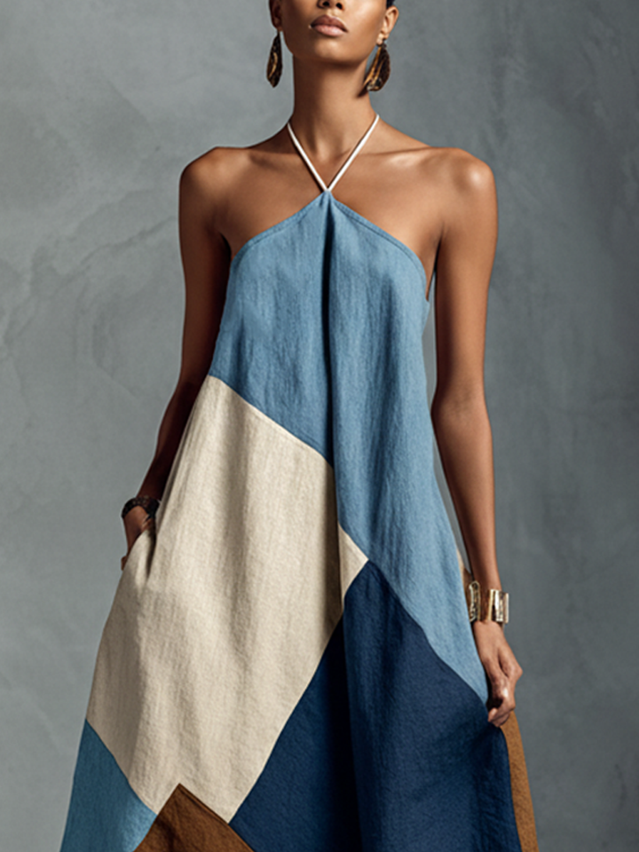 Freya - Boho Women's Linen Dress with Halter Neckline and Patchwork Design