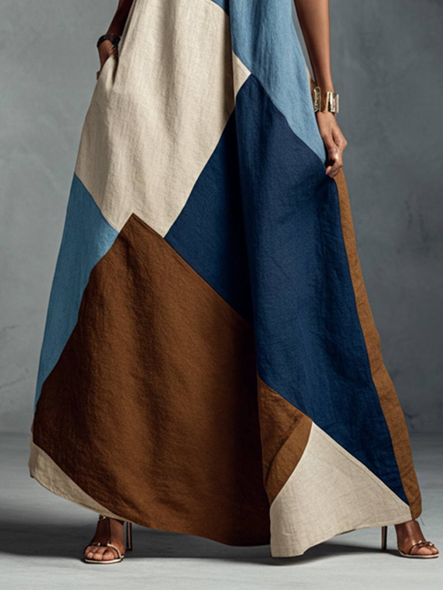 Freya - Boho Women's Linen Dress with Halter Neckline and Patchwork Design