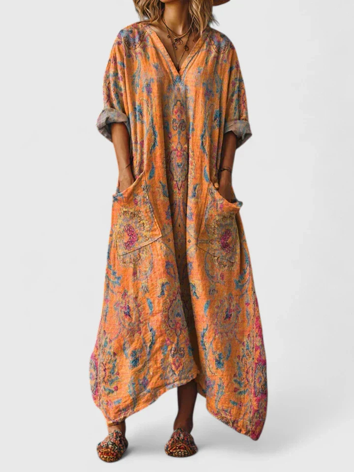 Freya - Boho Women's Linen Maxi Dress with Front Pockets and V Neck