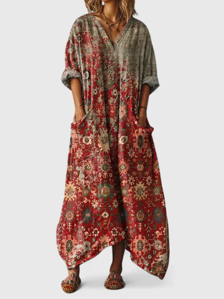 Freya - Boho Women's Linen Maxi Dress with Front Pockets and V Neck
