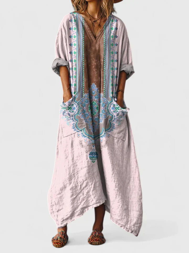 Freya - Boho Women's Linen Maxi Dress with Front Pockets and V Neck