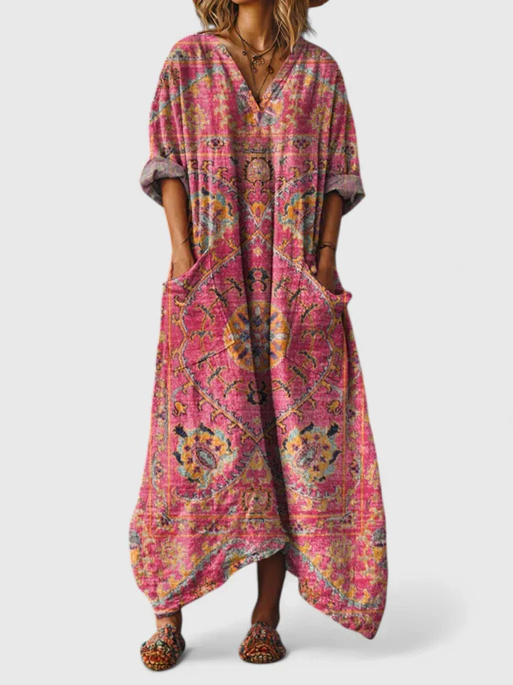 Freya - Boho Women's Linen Maxi Dress with Front Pockets and V Neck