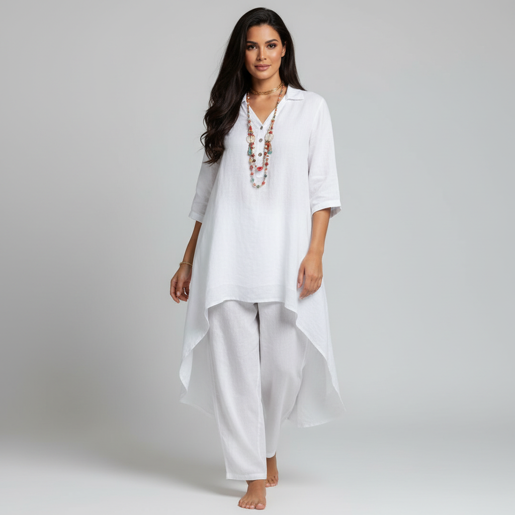 Freya - Boho Women's Linen Set with High-Low Tunic and Loose Trousers