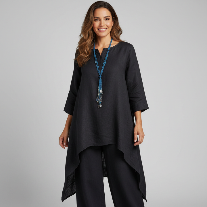 Freya - Boho Women's Linen Set with High-Low Tunic and Loose Trousers
