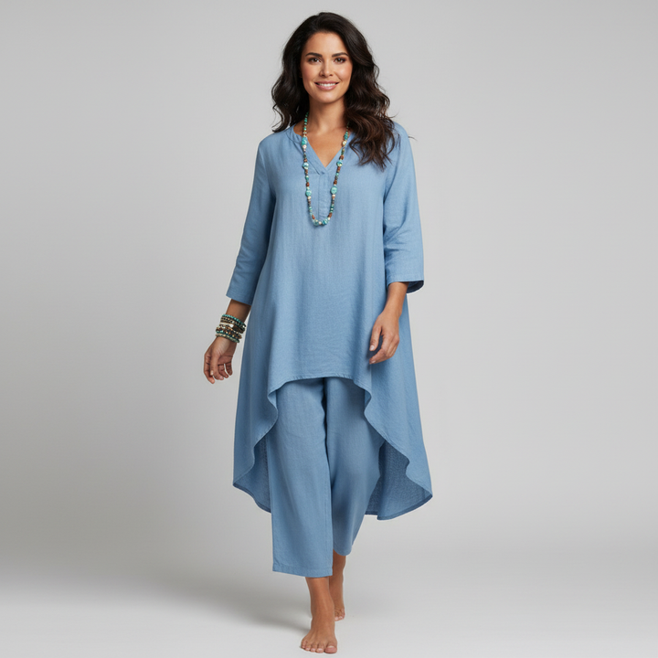 Freya - Boho Women's Linen Set with High-Low Tunic and Loose Trousers