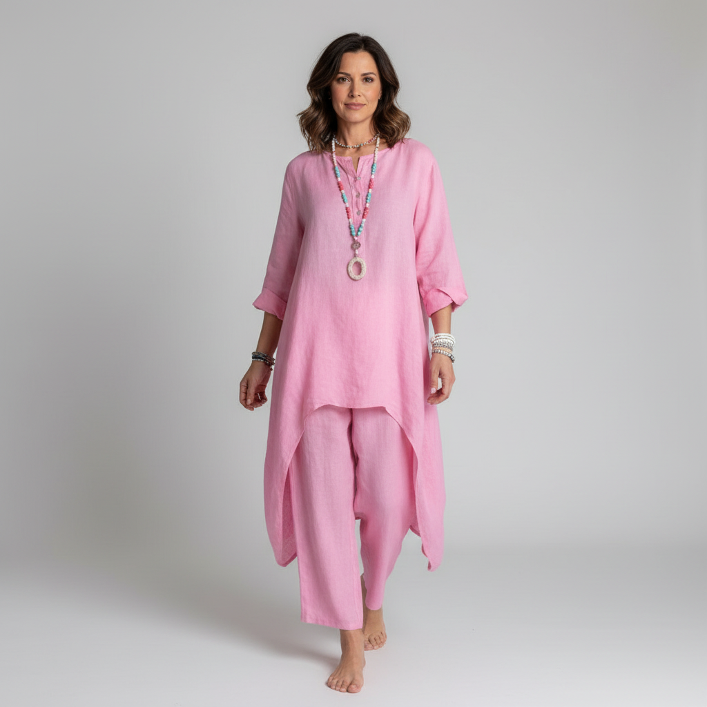 Freya - Boho Women's Linen Set with High-Low Tunic and Loose Trousers