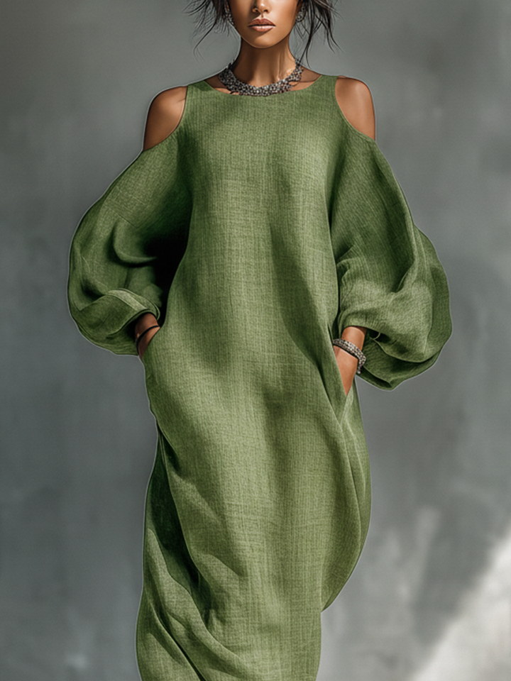 Freya - Boho Women's Long Sleeve Wedding Guest Maxi Dress with Cold Shoulder Sleeves