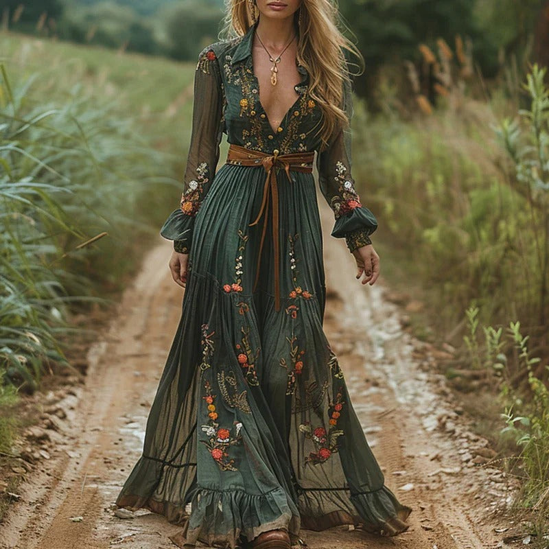 Freya - Boho Women's Maxi Dress with Floral Print and Long Sleeves