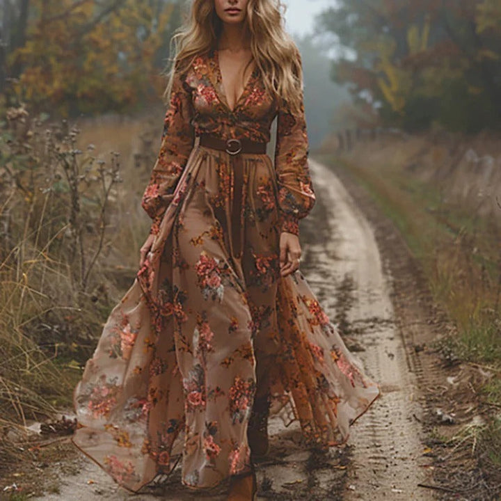 Freya - Boho Women's Maxi Dress with Floral Print and Long Sleeves