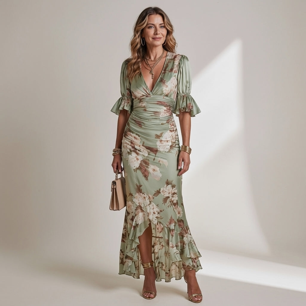 Freya - Boho Women's Maxi Dress with Ruffled Sleeves and V-Neck