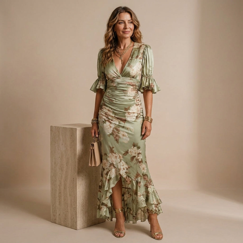 Freya - Boho Women's Maxi Dress with Ruffled Sleeves and V-Neck