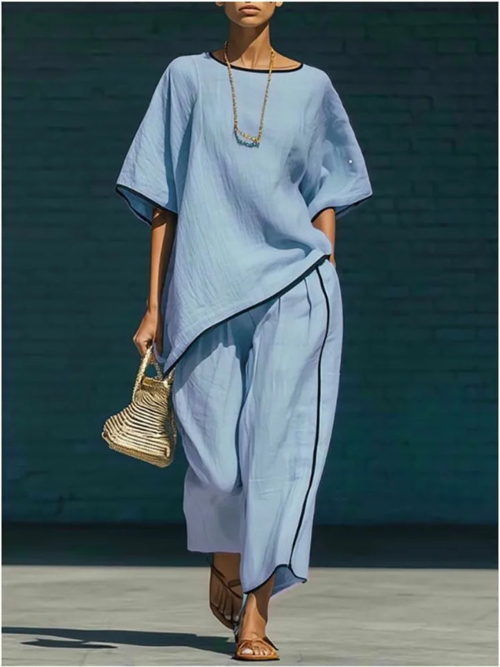 Freya - Casual Women's Linen Co-ord Set with Round Neck and Wide Leg Trousers