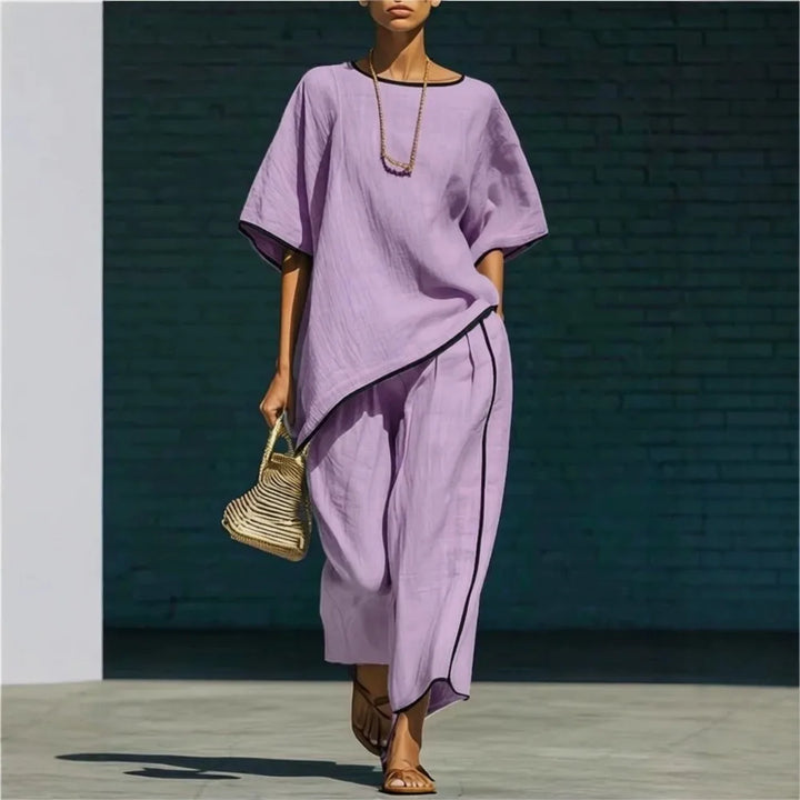 Freya - Casual Women's Linen Co-ord Set with Round Neck and Wide Leg Trousers