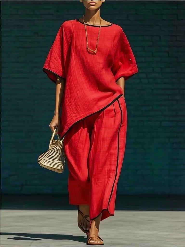 Freya - Casual Women's Linen Co-ord Set with Round Neck and Wide Leg Trousers