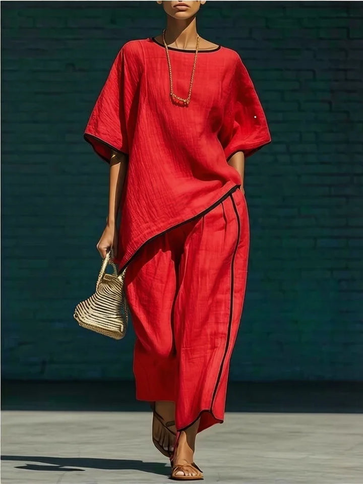 Freya - Casual Women's Linen Co-ord Set with Round Neck and Wide Leg Trousers