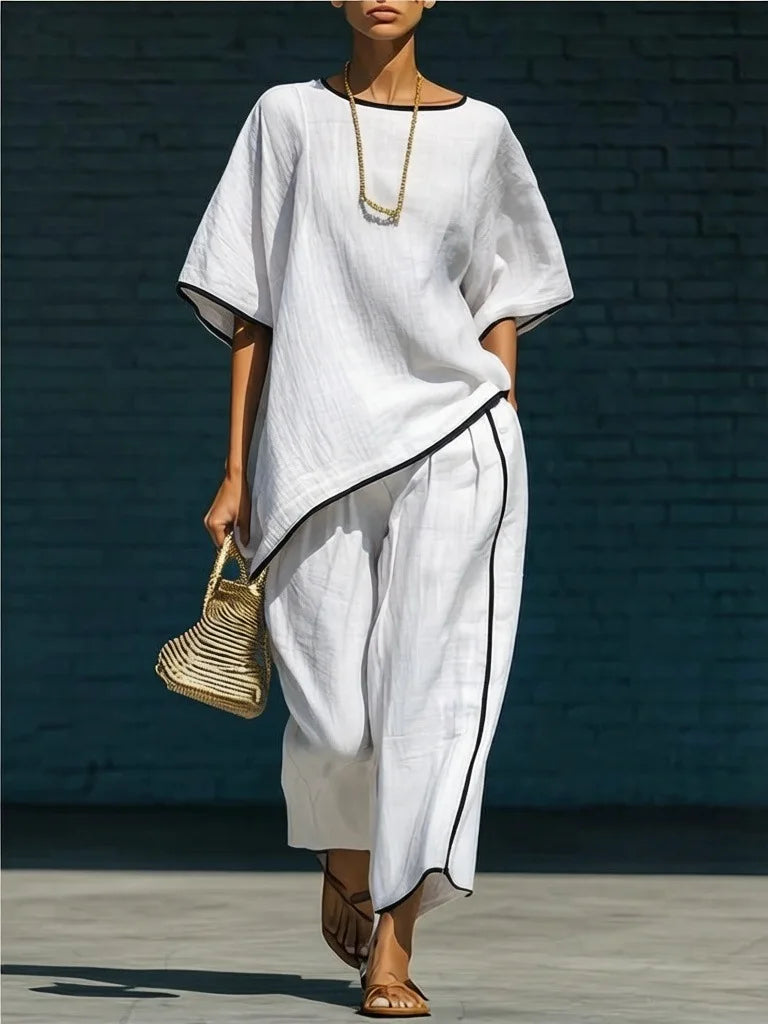 Freya - Casual Women's Linen Co-ord Set with Round Neck and Wide Leg Trousers