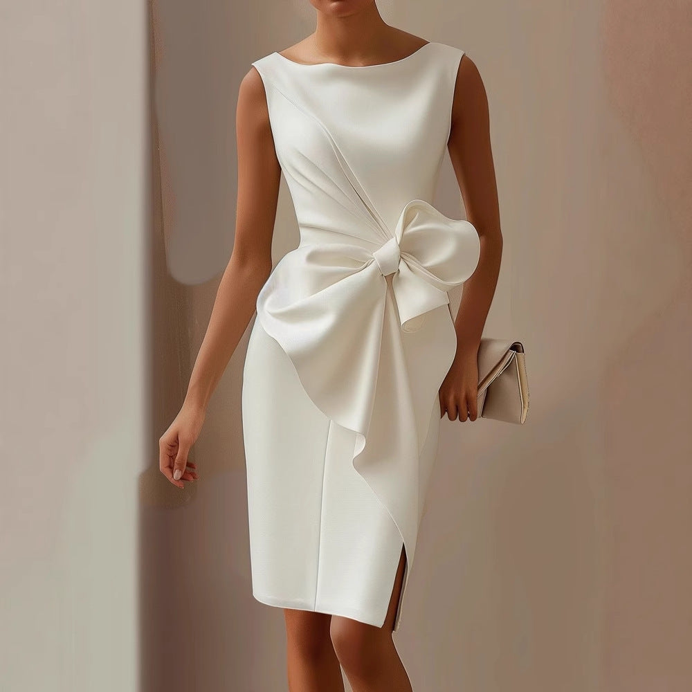 Freya - Chic Women's Fall Wedding Guest Dress with Bow Waist and Front Slit