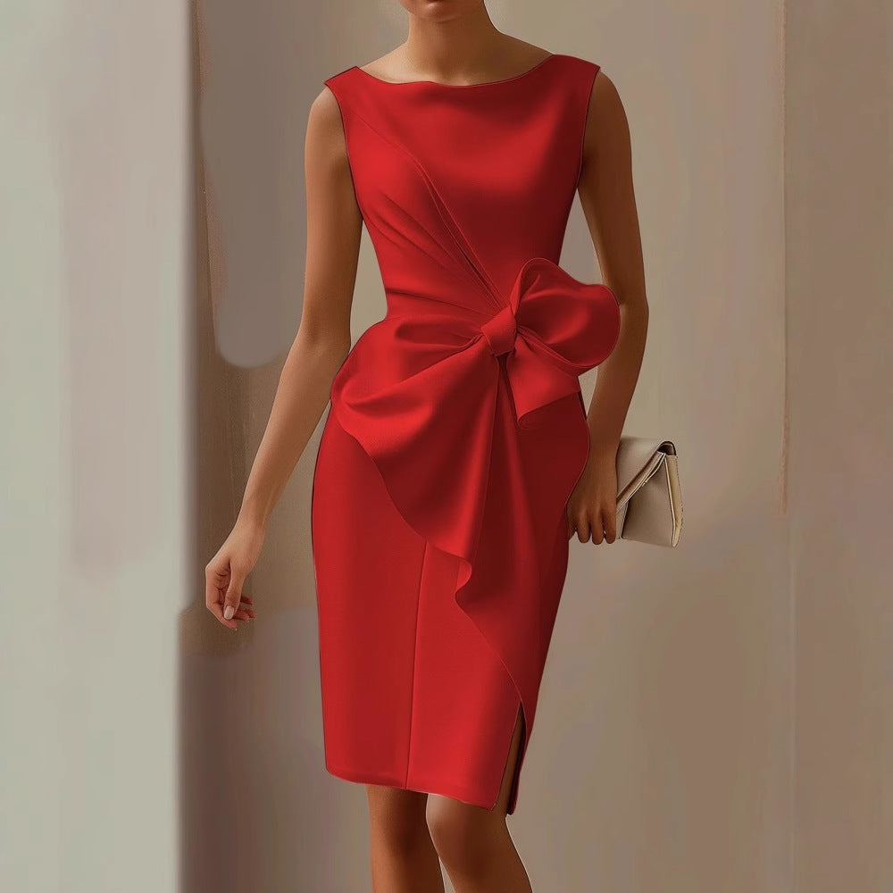 Freya - Chic Women's Fall Wedding Guest Dress with Bow Waist and Front Slit