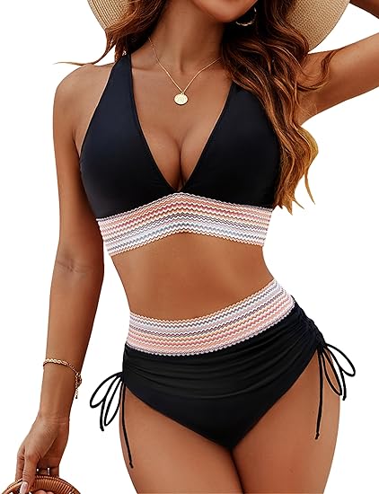 Freya - Chic Women's Swimsuit with Halter V-Neck and Ruched High Waist Bottom