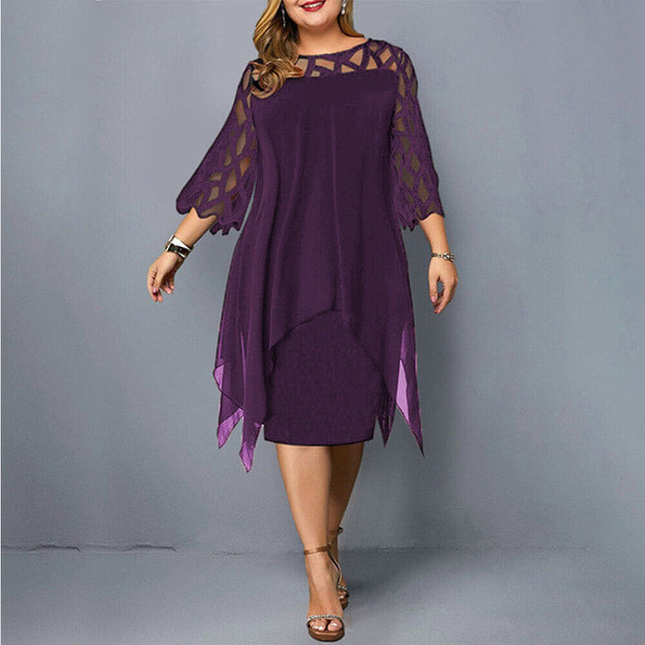 Freya - Elegant Women's Plus Size Wedding Guest Dress with Sheer Sleeves and a Handkerchief Hem