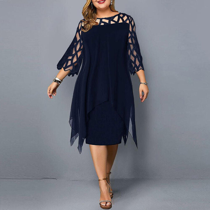 Freya - Elegant Women's Plus Size Wedding Guest Dress with Sheer Sleeves and a Handkerchief Hem